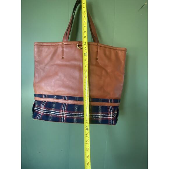 Brooks Brothers 2pc Tote & Wristlet Tan Leather Plaid Tartan Double Shoulder Bag - Picture 9 of 15